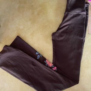 Brown Leggings Flower Embroidered Wide Legs
